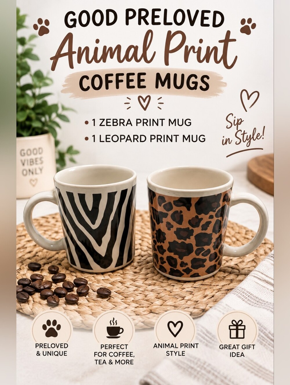 PRELOVED ANIMAL PRINT COFFEE MUGS • 1 ZEBRA PRINT MUG & 1 LEOPARD PRINT MUG